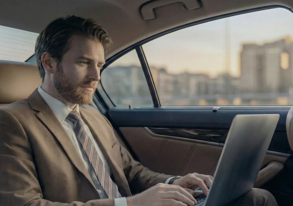 Professionista in trasferta che lavora al portatile in auto