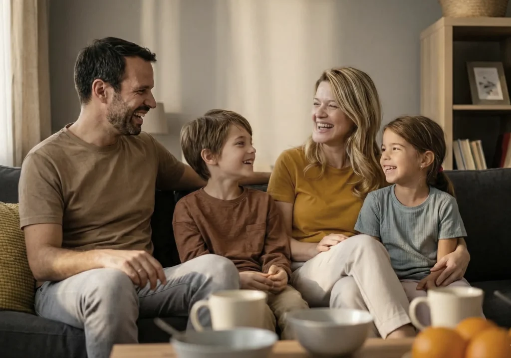 Famiglia con due bambini sorridenti sul divano di casa